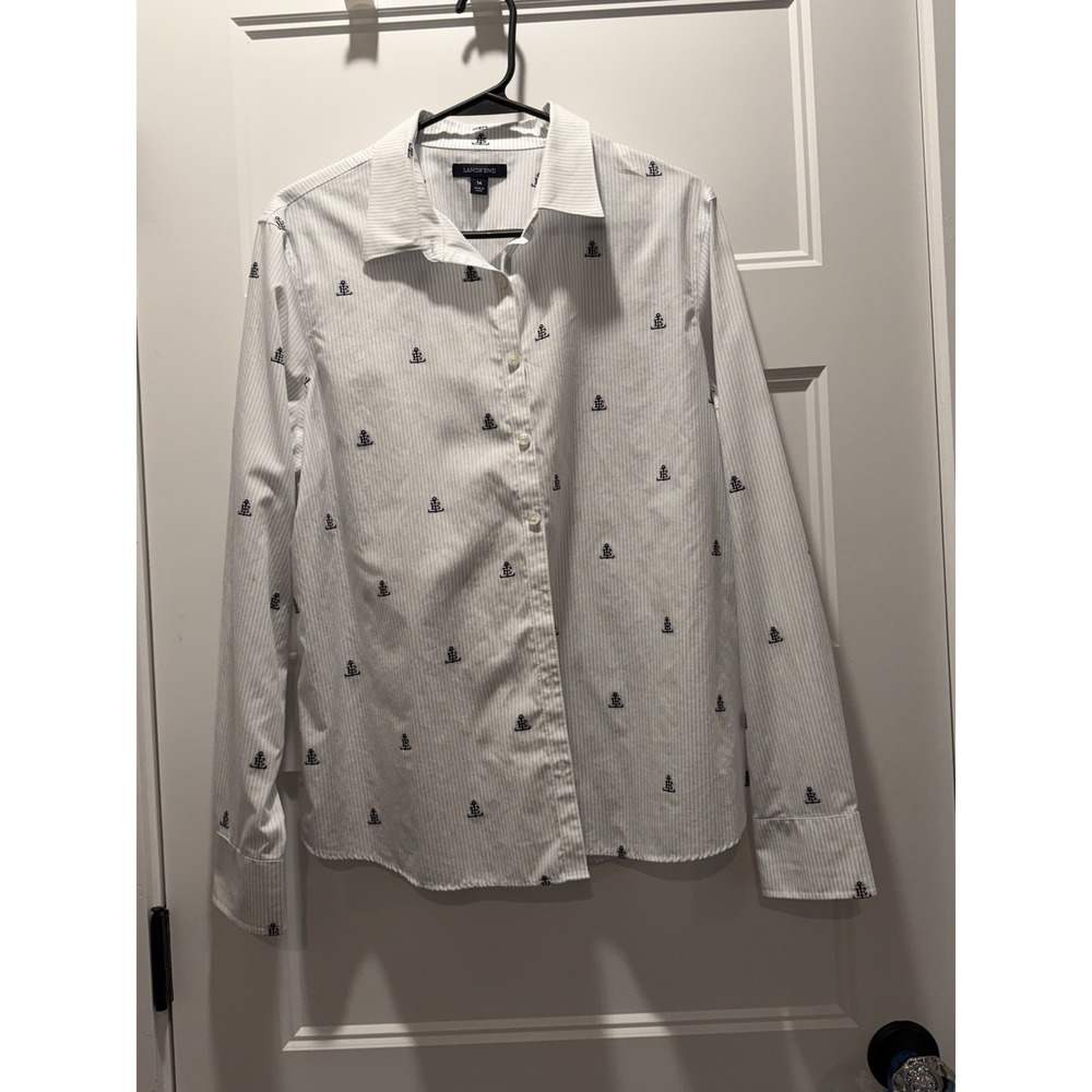 Lands End Anchor Button Down Shirt Womens 14 White Blue Nautical Cotton Stretch